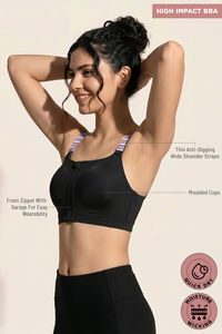 Zelocity High Impact Quick Dry Front Opening Multicolor Strap Sports Bra - Jet Black — thumbnail 8